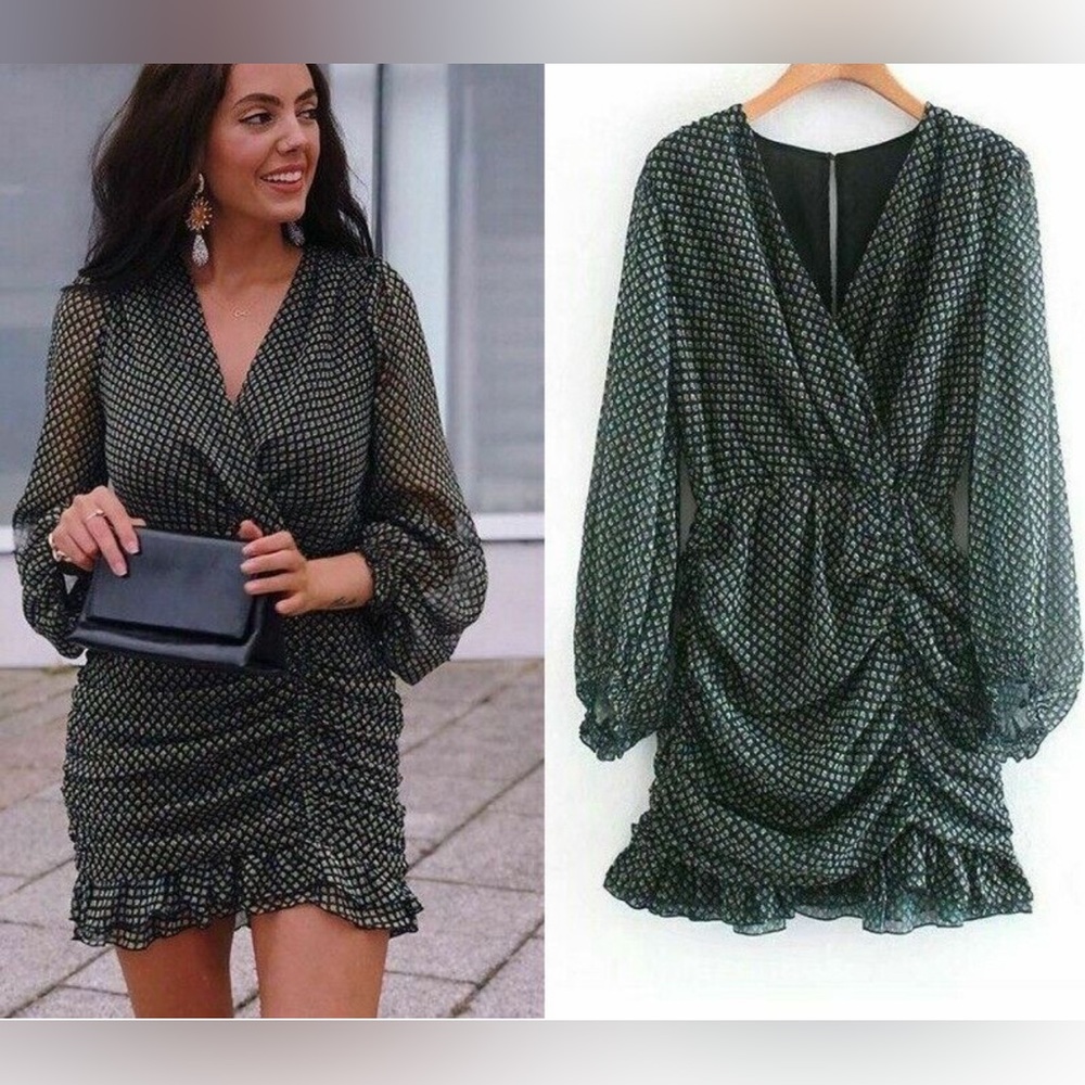 ZARA Women Ruched Ruffle Dress Long Sleeve V-neck Chiffon  Elegant Fashion